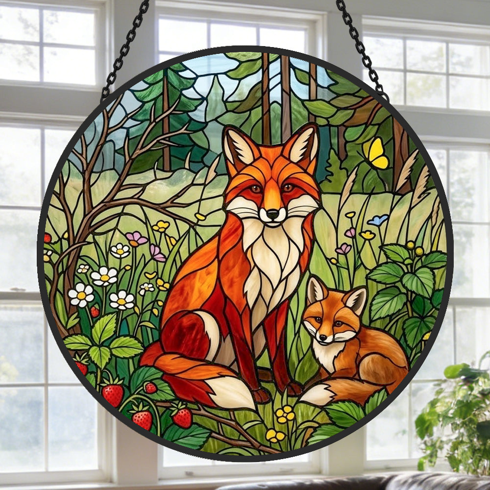 Wild strawberry forest fox family stained glass suncatcher window hanging, suitable for home and garden decoration