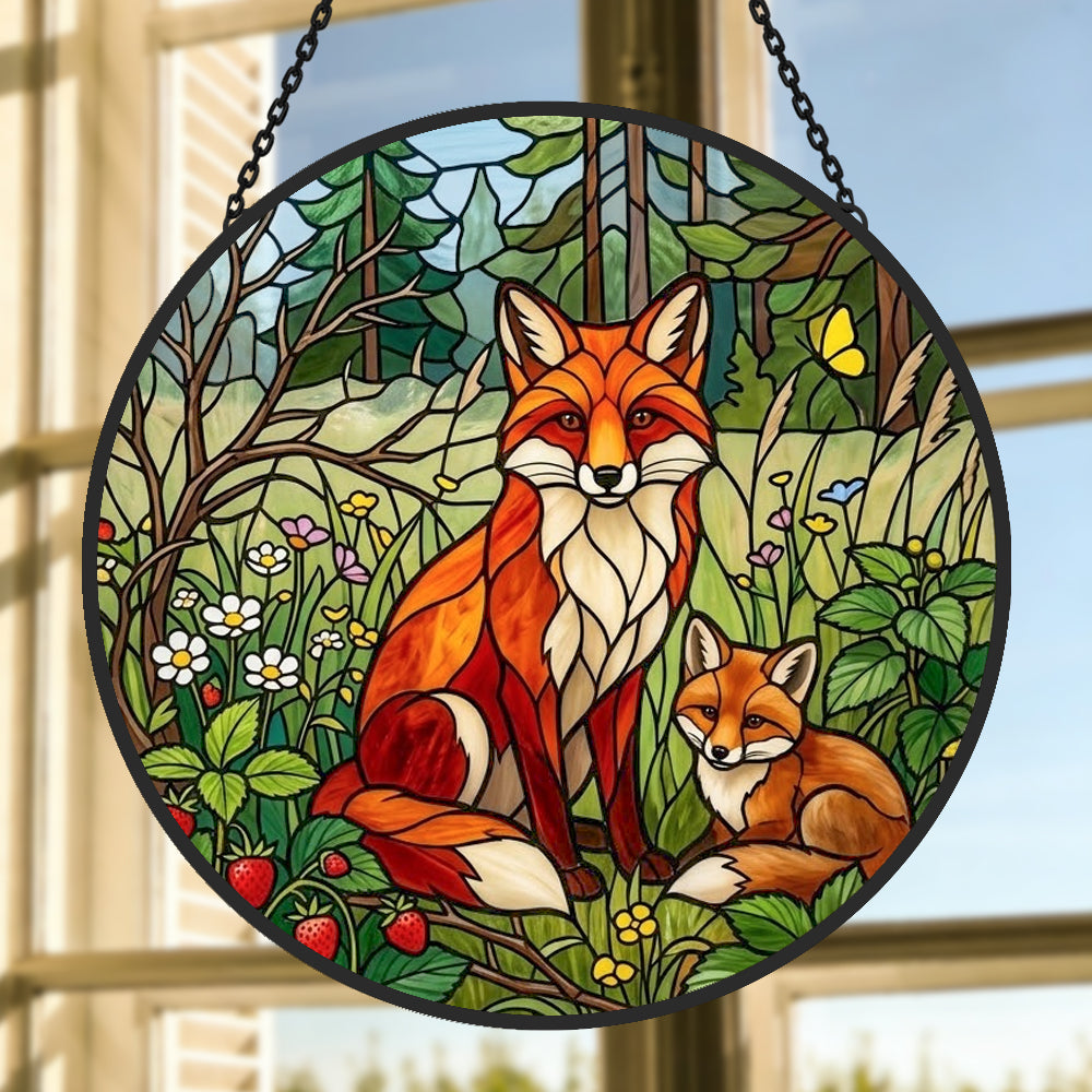 Wild strawberry forest fox family stained glass suncatcher window hanging, suitable for home and garden decoration