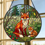 Wild strawberry forest fox family stained glass suncatcher window hanging, suitable for home and garden decoration