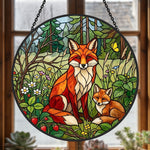 Wild strawberry forest fox family stained glass suncatcher window hanging, suitable for home and garden decoration