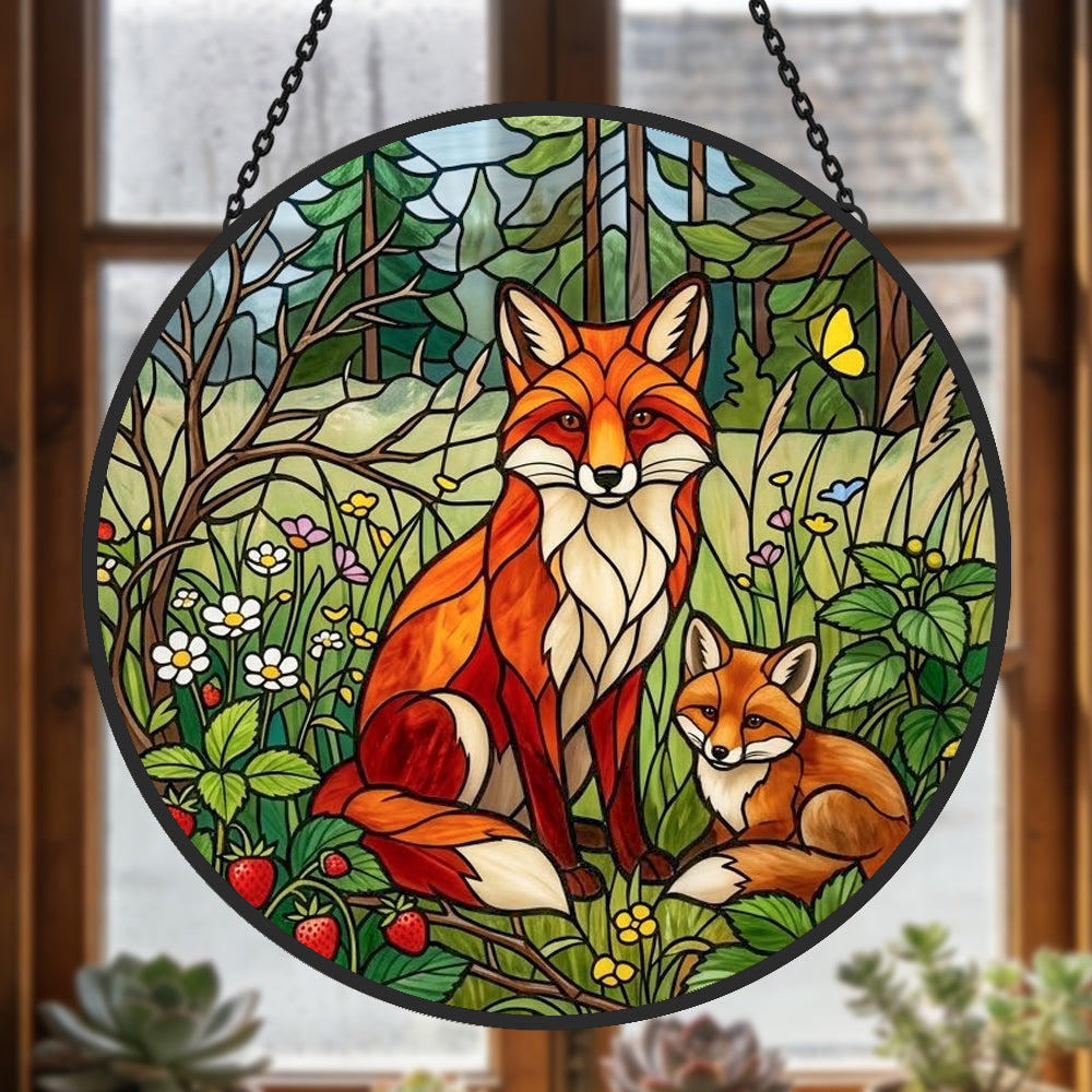Wild strawberry forest fox family stained glass suncatcher window hanging, suitable for home and garden decoration