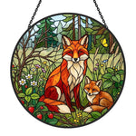 Wild strawberry forest fox family stained glass suncatcher window hanging, suitable for home and garden decoration