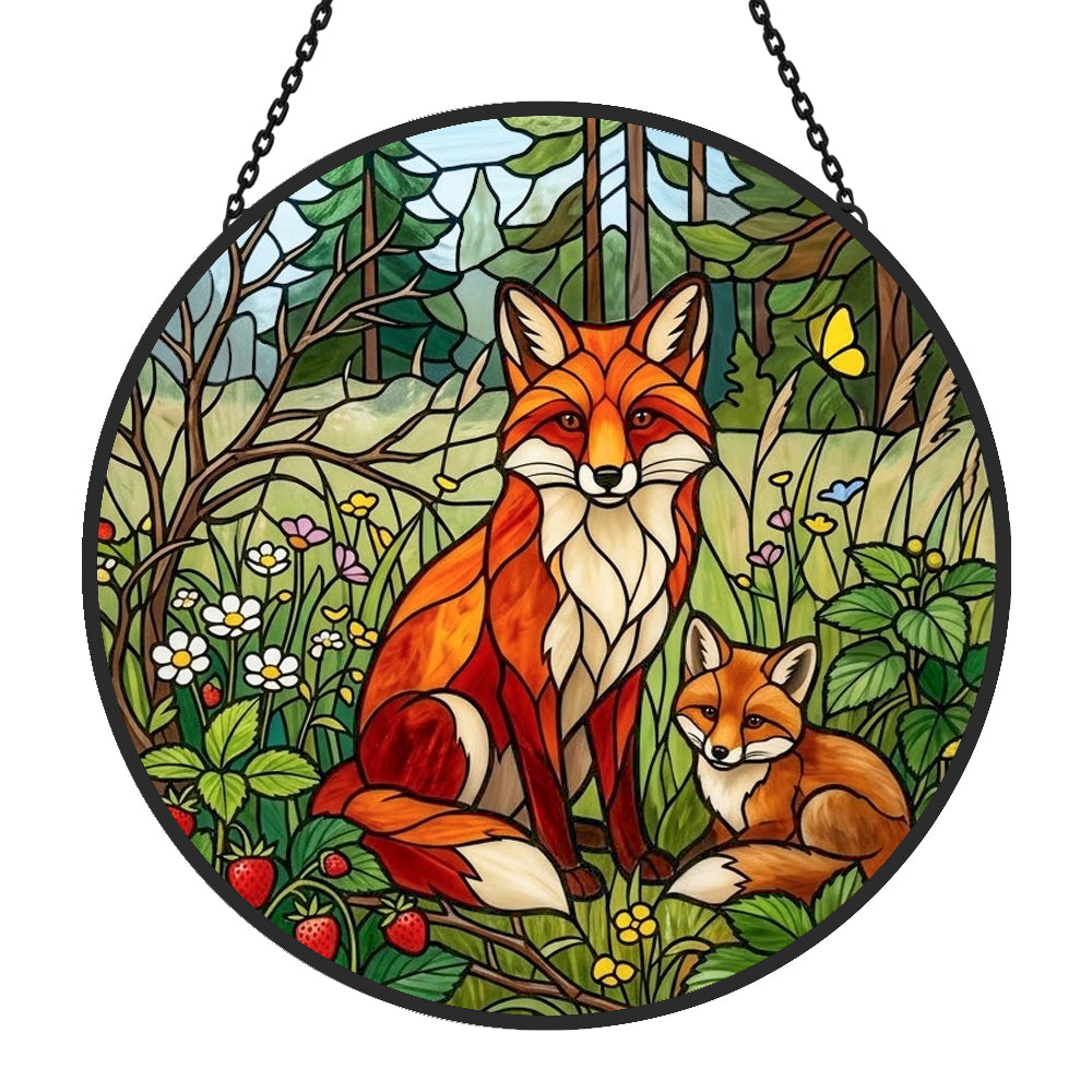 Wild strawberry forest fox family stained glass suncatcher window hanging, suitable for home and garden decoration