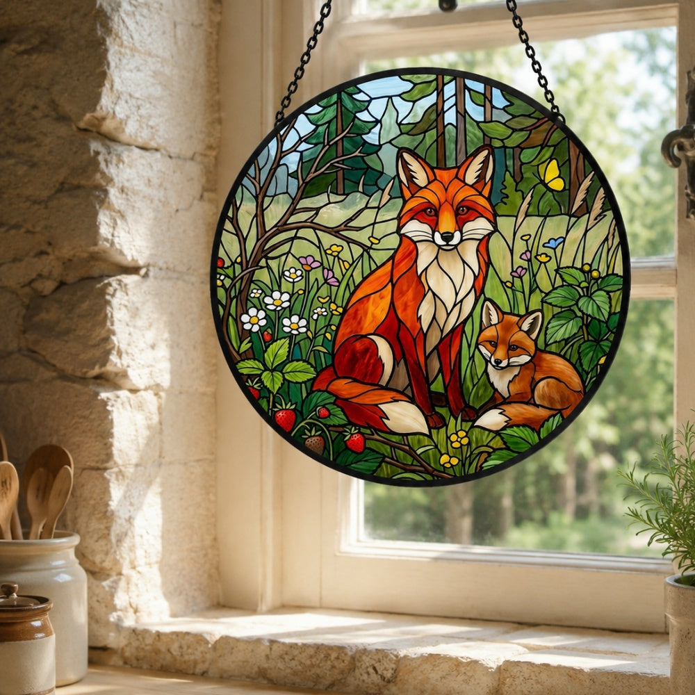 Wild strawberry forest fox family stained glass suncatcher window hanging, suitable for home and garden decoration