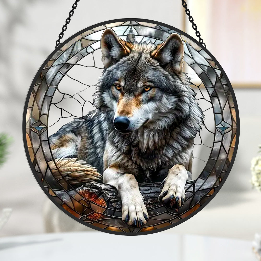Wild timber wolf cabin stained glass suncatcher window hanging, suitable for home and garden decoration