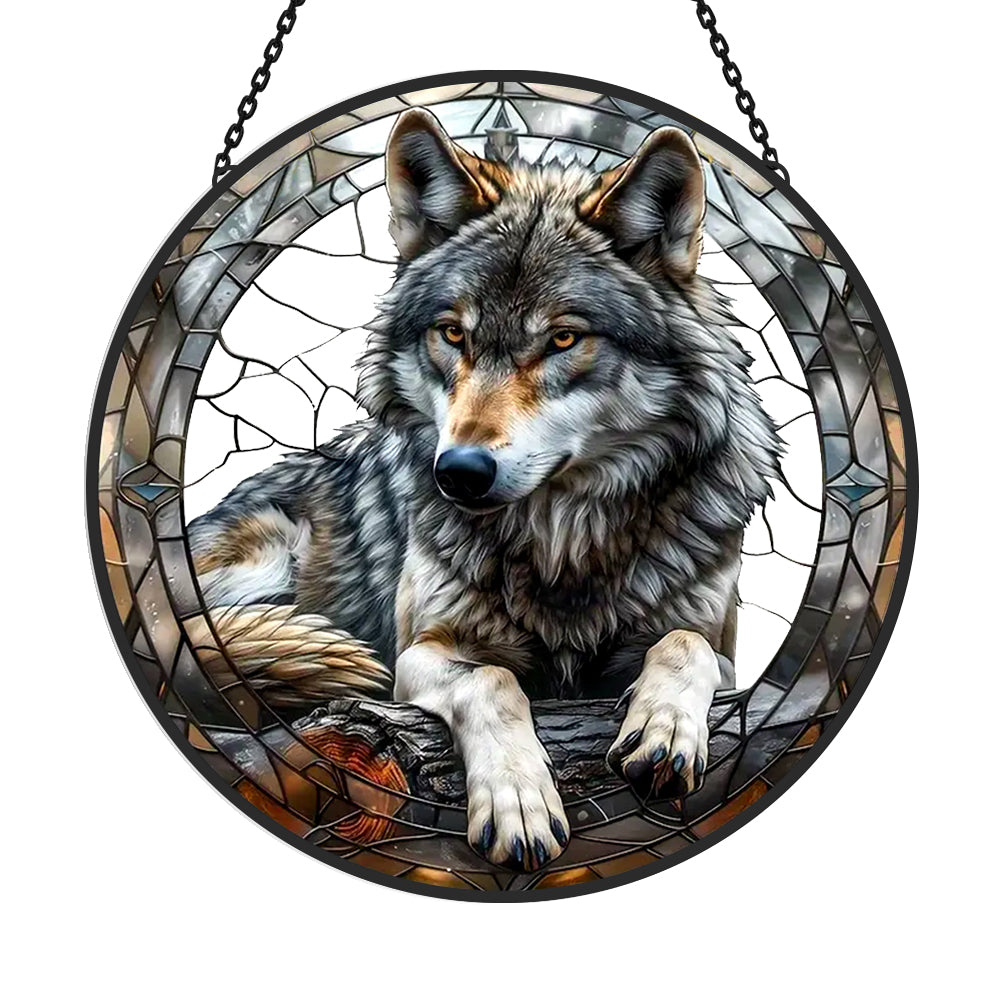 Wild timber wolf cabin stained glass suncatcher window hanging, suitable for home and garden decoration
