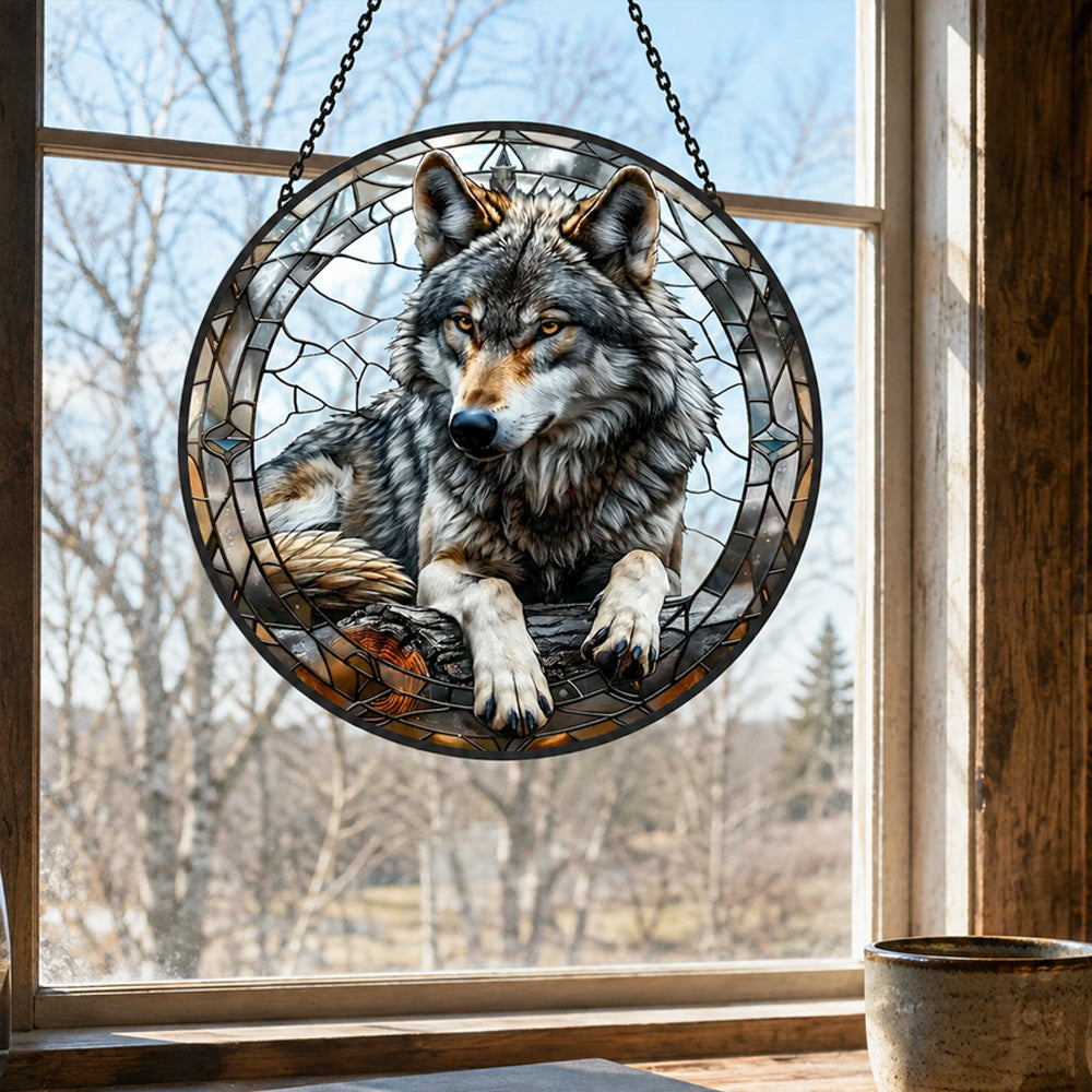 Wild timber wolf cabin stained glass suncatcher window hanging, suitable for home and garden decoration
