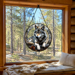 Wild timber wolf cabin stained glass suncatcher window hanging, suitable for home and garden decoration