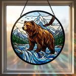 Wilderness bear and soaring eagle stained glass suncatcher window hanging, suitable for home and garden decoration