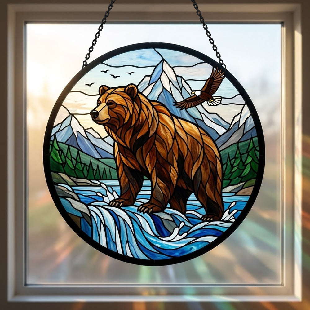Wilderness bear and soaring eagle stained glass suncatcher window hanging, suitable for home and garden decoration