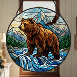 Wilderness bear and soaring eagle stained glass suncatcher window hanging, suitable for home and garden decoration