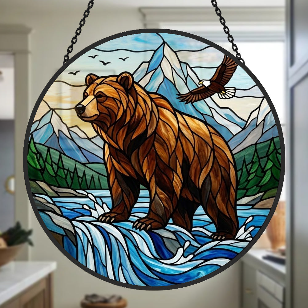 Wilderness bear and soaring eagle stained glass suncatcher window hanging, suitable for home and garden decoration