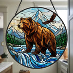 Wilderness bear and soaring eagle stained glass suncatcher window hanging, suitable for home and garden decoration
