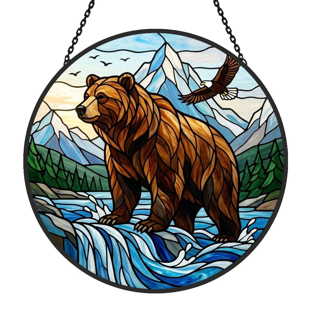 Wilderness bear and soaring eagle stained glass suncatcher window hanging, suitable for home and garden decoration