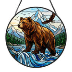 Wilderness bear and soaring eagle stained glass suncatcher window hanging, suitable for home and garden decoration