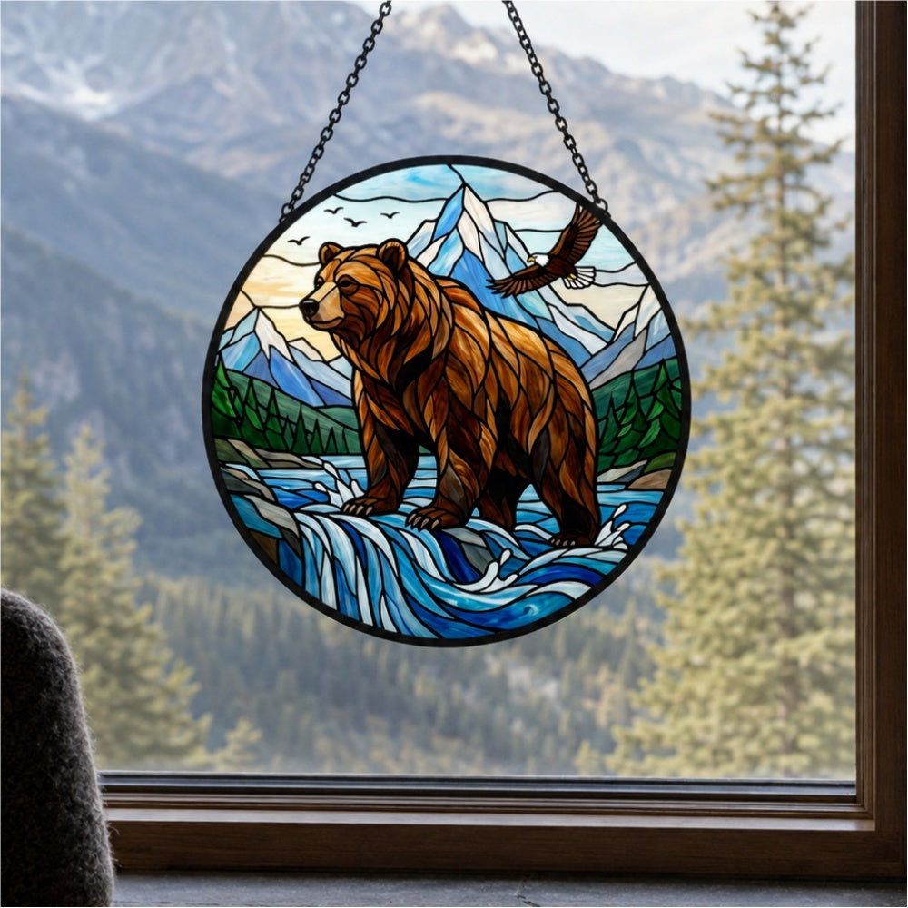 Wilderness bear and soaring eagle stained glass suncatcher window hanging, suitable for home and garden decoration