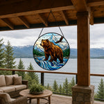 Wilderness bear and soaring eagle stained glass suncatcher window hanging, suitable for home and garden decoration