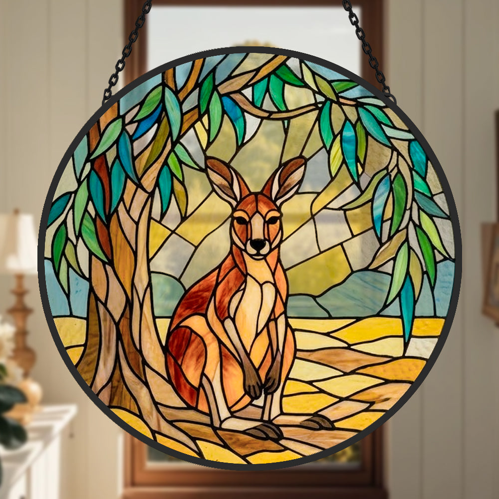 Wilderness kangaroo nature stained glass suncatcher window hanging, suitable for home and garden decoration