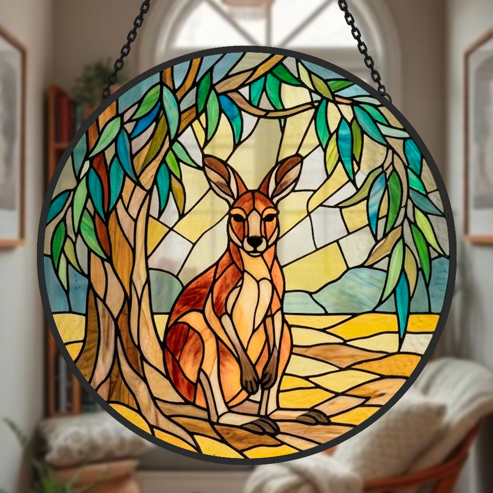 Wilderness kangaroo nature stained glass suncatcher window hanging, suitable for home and garden decoration