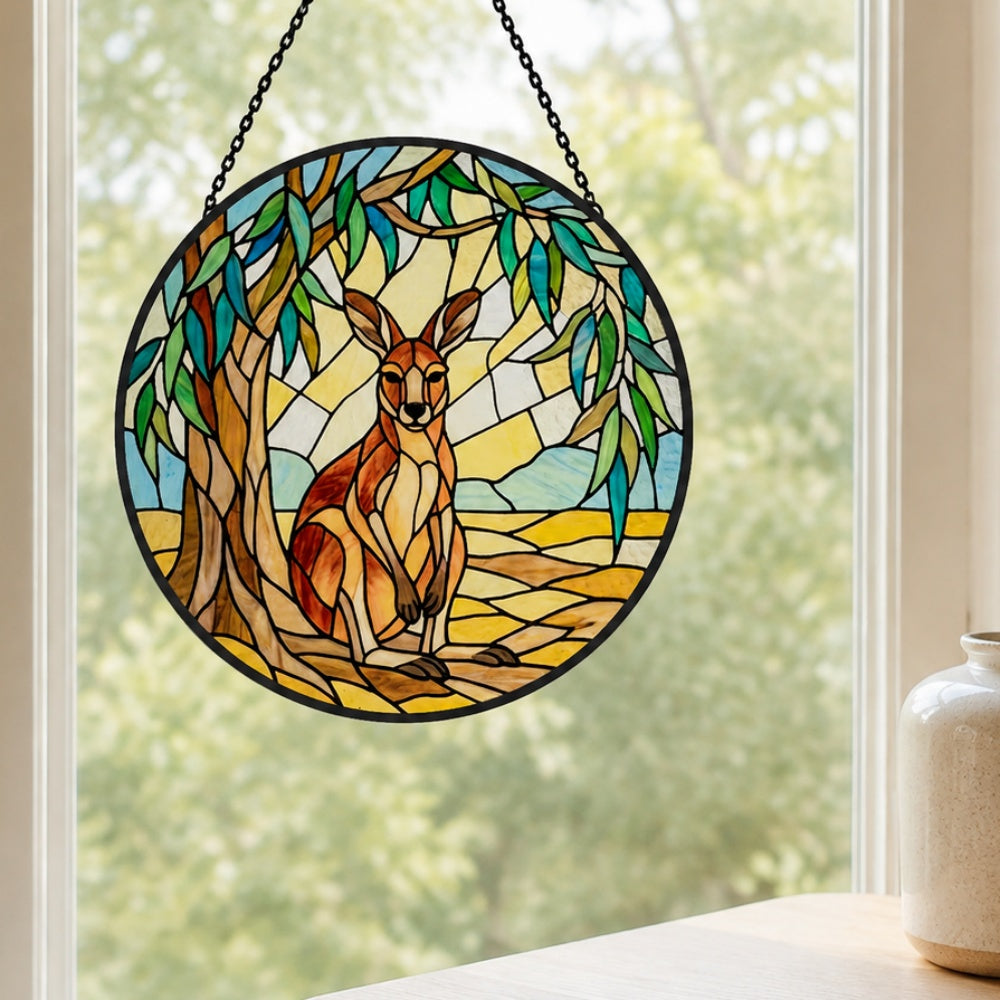 Wilderness kangaroo nature stained glass suncatcher window hanging, suitable for home and garden decoration