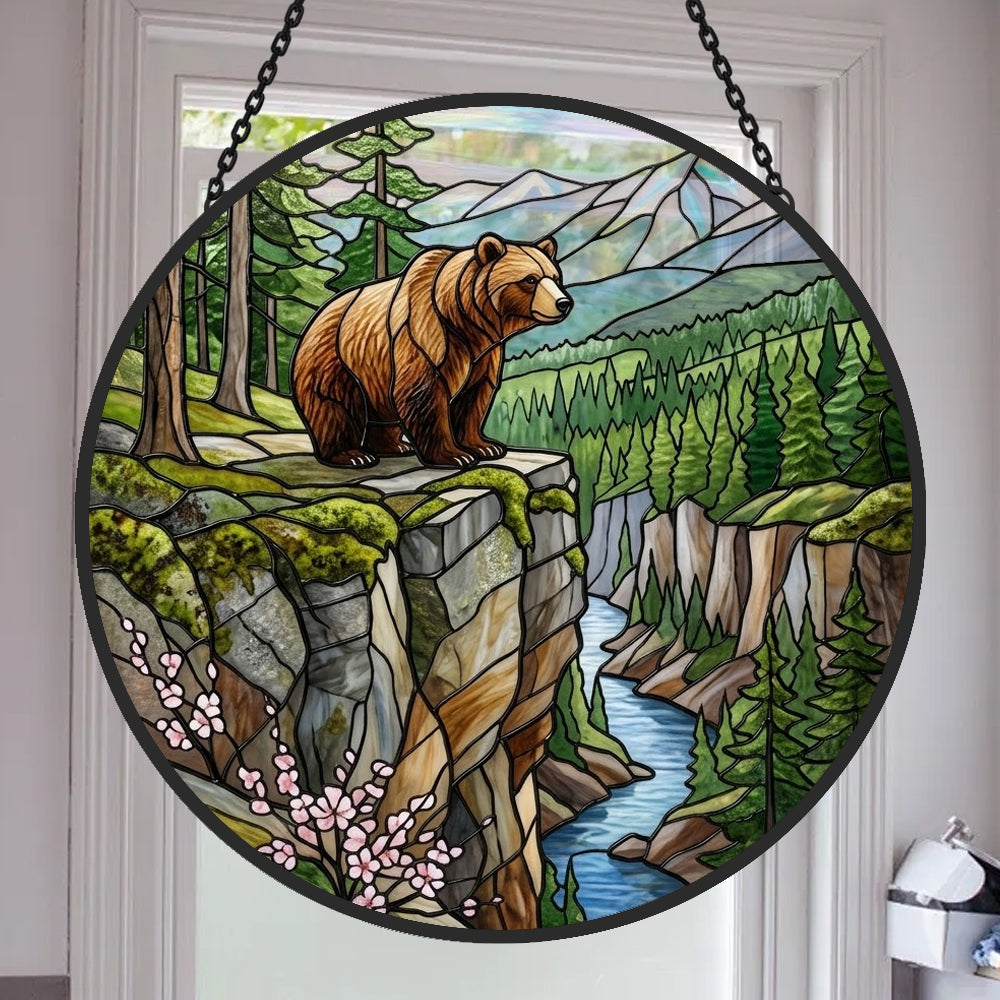 Wilderness mountain river bear stained glass suncatcher window hanging, suitable for home and garden decoration