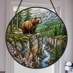 Wilderness mountain river bear stained glass suncatcher window hanging, suitable for home and garden decoration