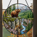 Wilderness mountain river bear stained glass suncatcher window hanging, suitable for home and garden decoration