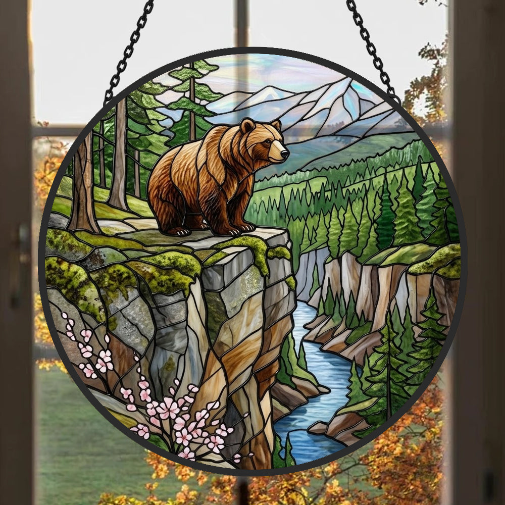 Wilderness mountain river bear stained glass suncatcher window hanging, suitable for home and garden decoration
