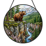 Wilderness mountain river bear stained glass suncatcher window hanging, suitable for home and garden decoration