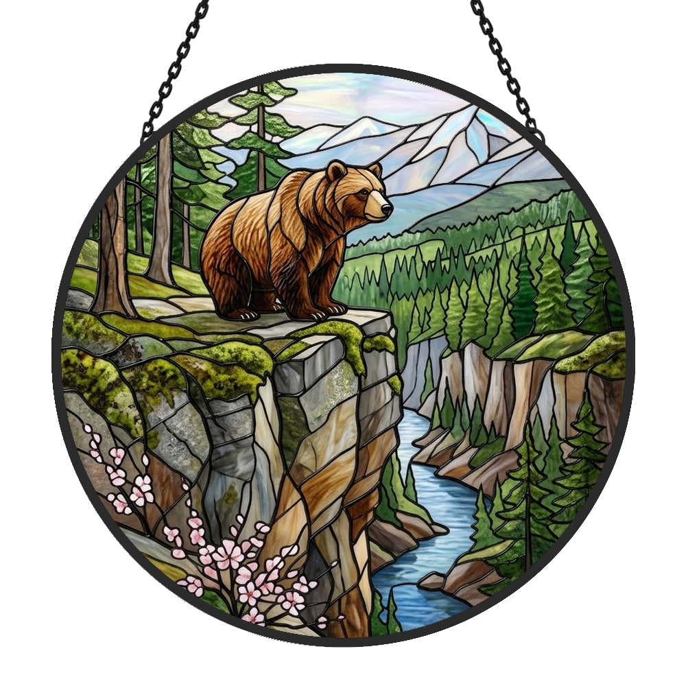 Wilderness mountain river bear stained glass suncatcher window hanging, suitable for home and garden decoration