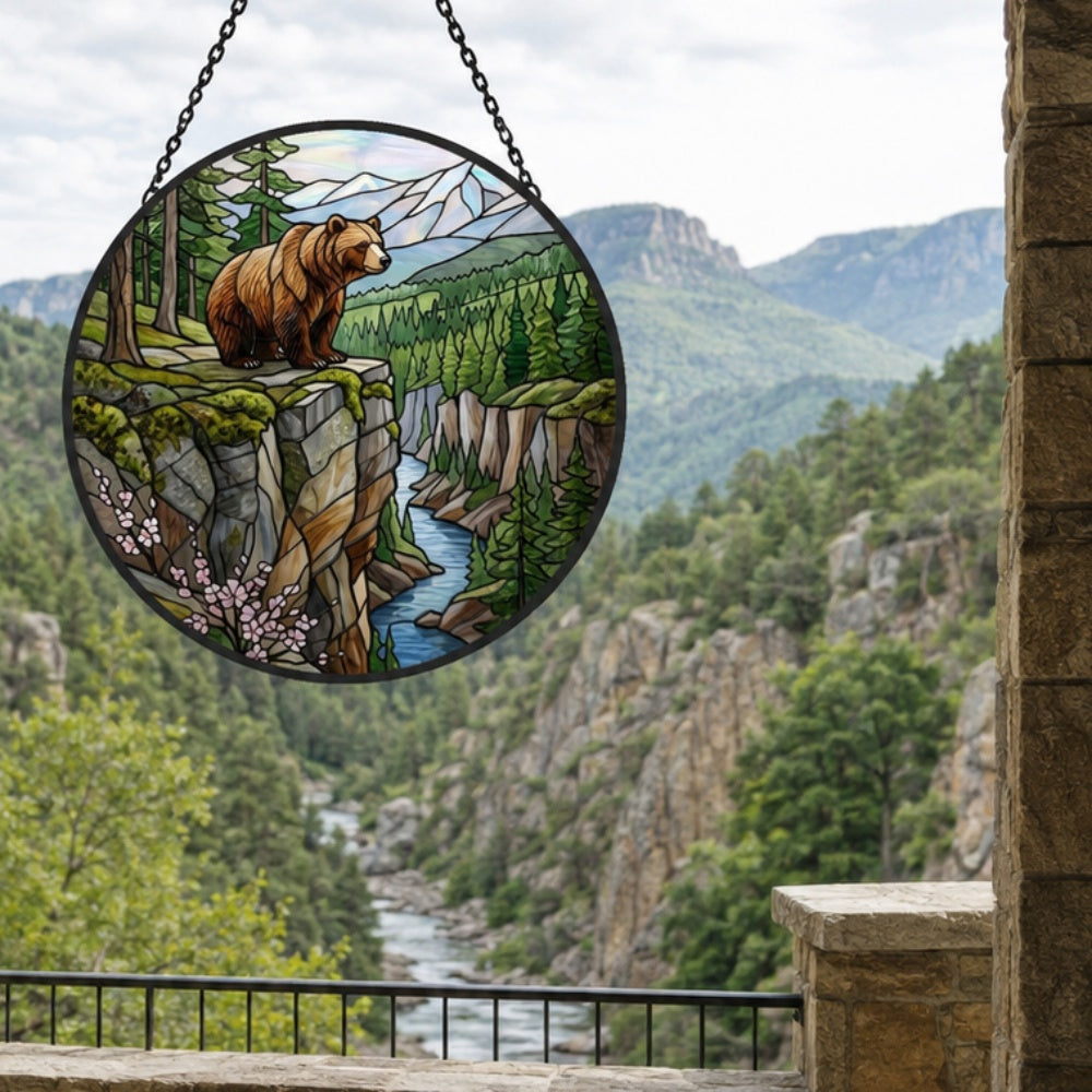 Wilderness mountain river bear stained glass suncatcher window hanging, suitable for home and garden decoration
