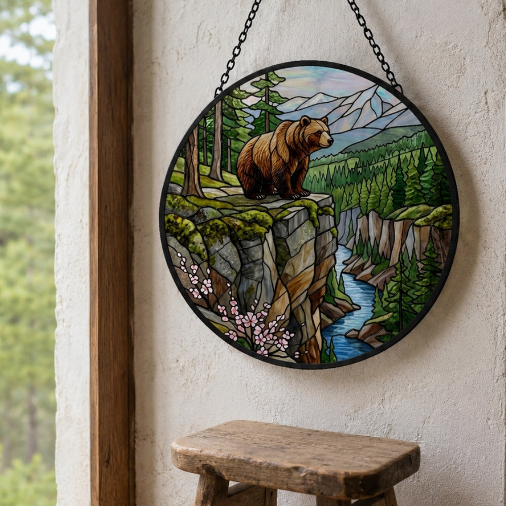 Wilderness mountain river bear stained glass suncatcher window hanging, suitable for home and garden decoration
