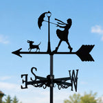 Windy day girl with umbrella metal weather vane with directional arrows and mounting rod, outdoor roof and garden decoration