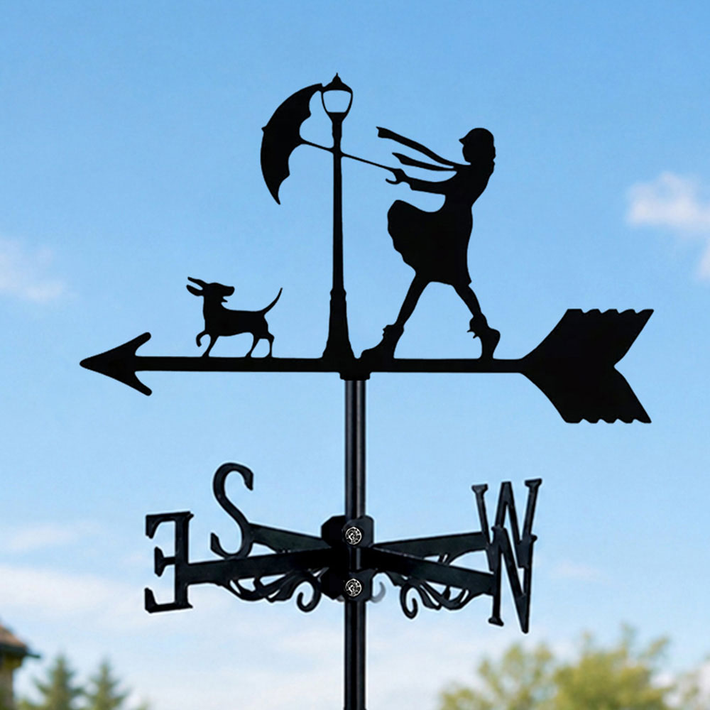 Windy day girl with umbrella metal weather vane with directional arrows and mounting rod, outdoor roof and garden decoration