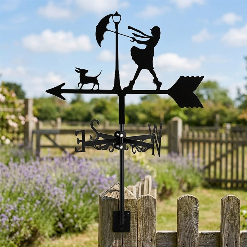 Windy day girl with umbrella metal weather vane with directional arrows and mounting rod, outdoor roof and garden decoration