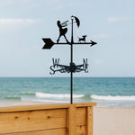 Windy day girl with umbrella metal weather vane with directional arrows and mounting rod, outdoor roof and garden decoration