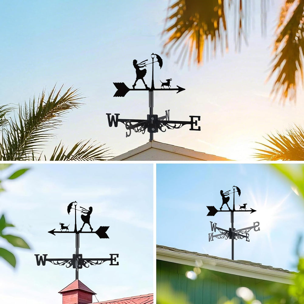 Windy day girl with umbrella metal weather vane with directional arrows and mounting rod, outdoor roof and garden decoration