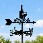 Wine bottle and grapes metal weather vane with directional arrows and mounting rod, outdoor roof and garden decoration