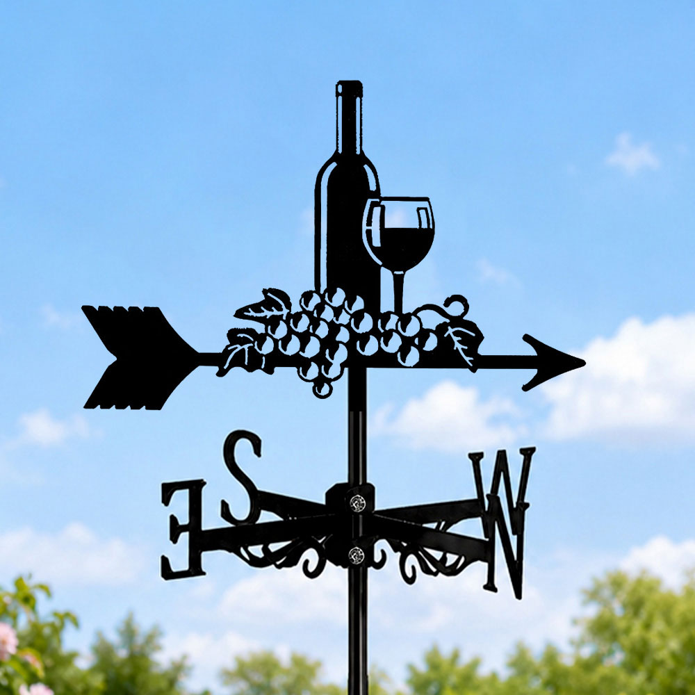Wine bottle and grapes metal weather vane with directional arrows and mounting rod, outdoor roof and garden decoration