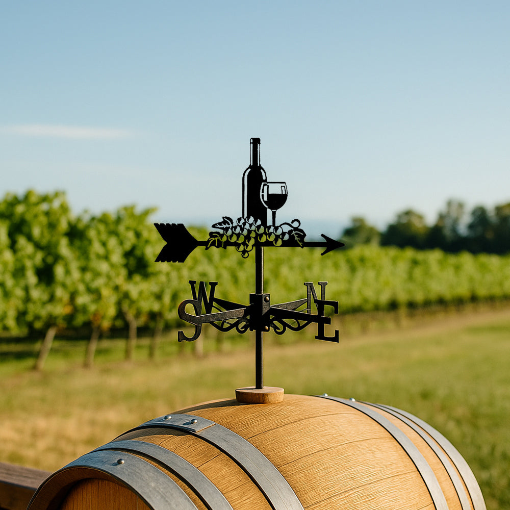 Wine bottle and grapes metal weather vane with directional arrows and mounting rod, outdoor roof and garden decoration