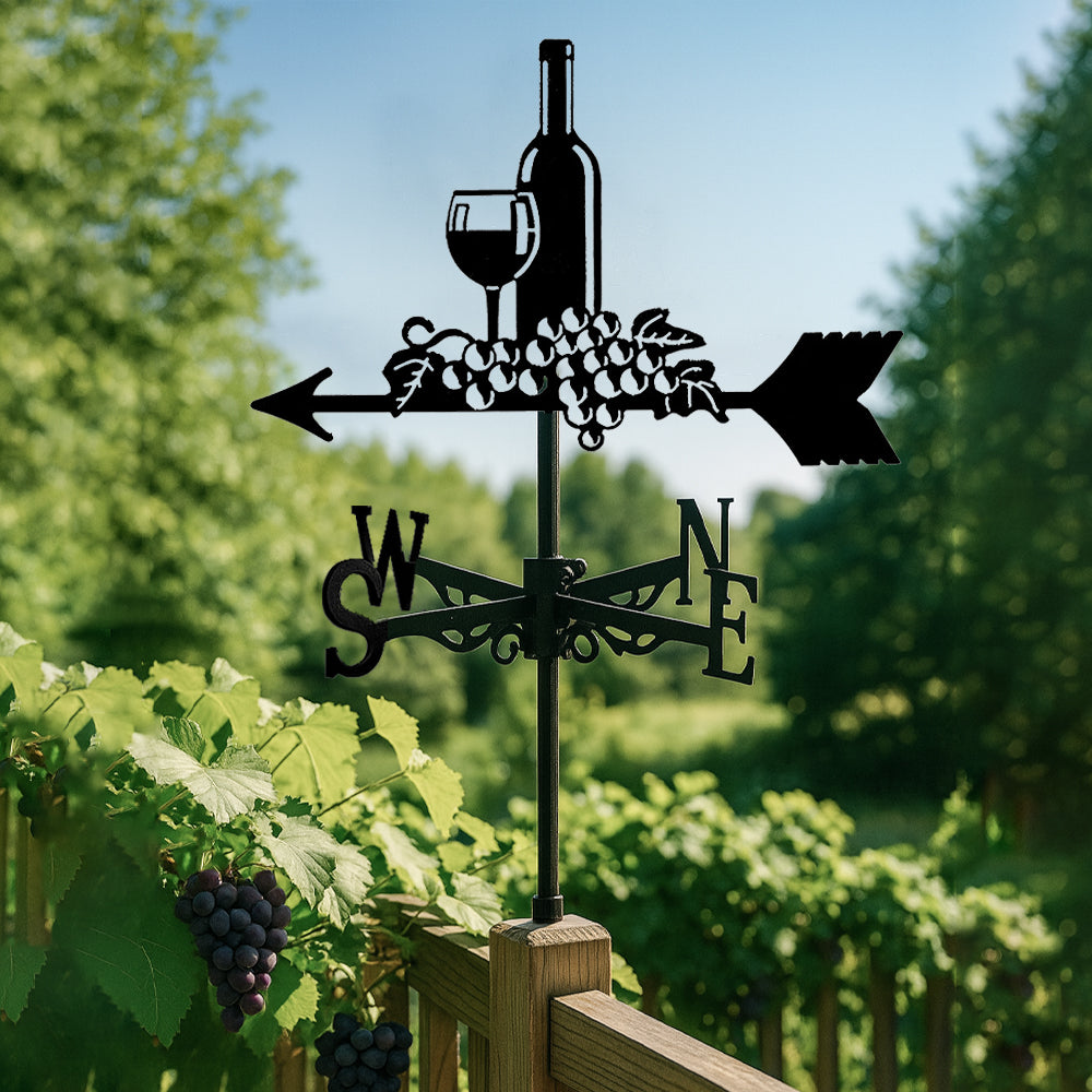 Wine bottle and grapes metal weather vane with directional arrows and mounting rod, outdoor roof and garden decoration