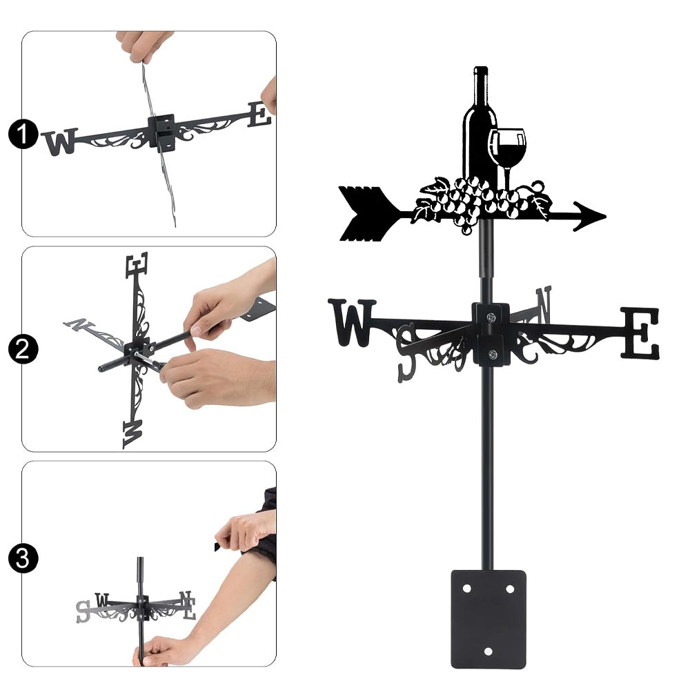 Wine bottle and grapes metal weather vane with directional arrows and mounting rod, outdoor roof and garden decoration