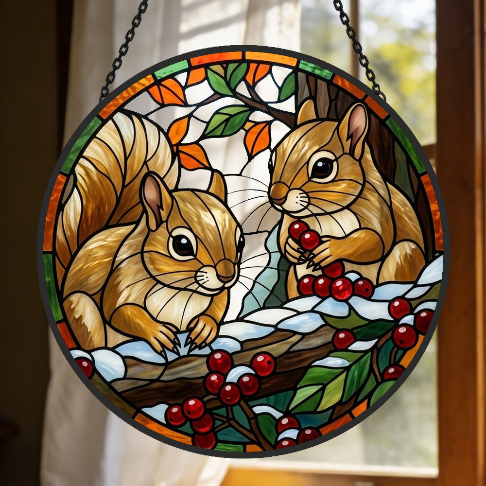 Winter berries squirrels stained glass suncatcher window hanging, suitable for home and garden decoration
