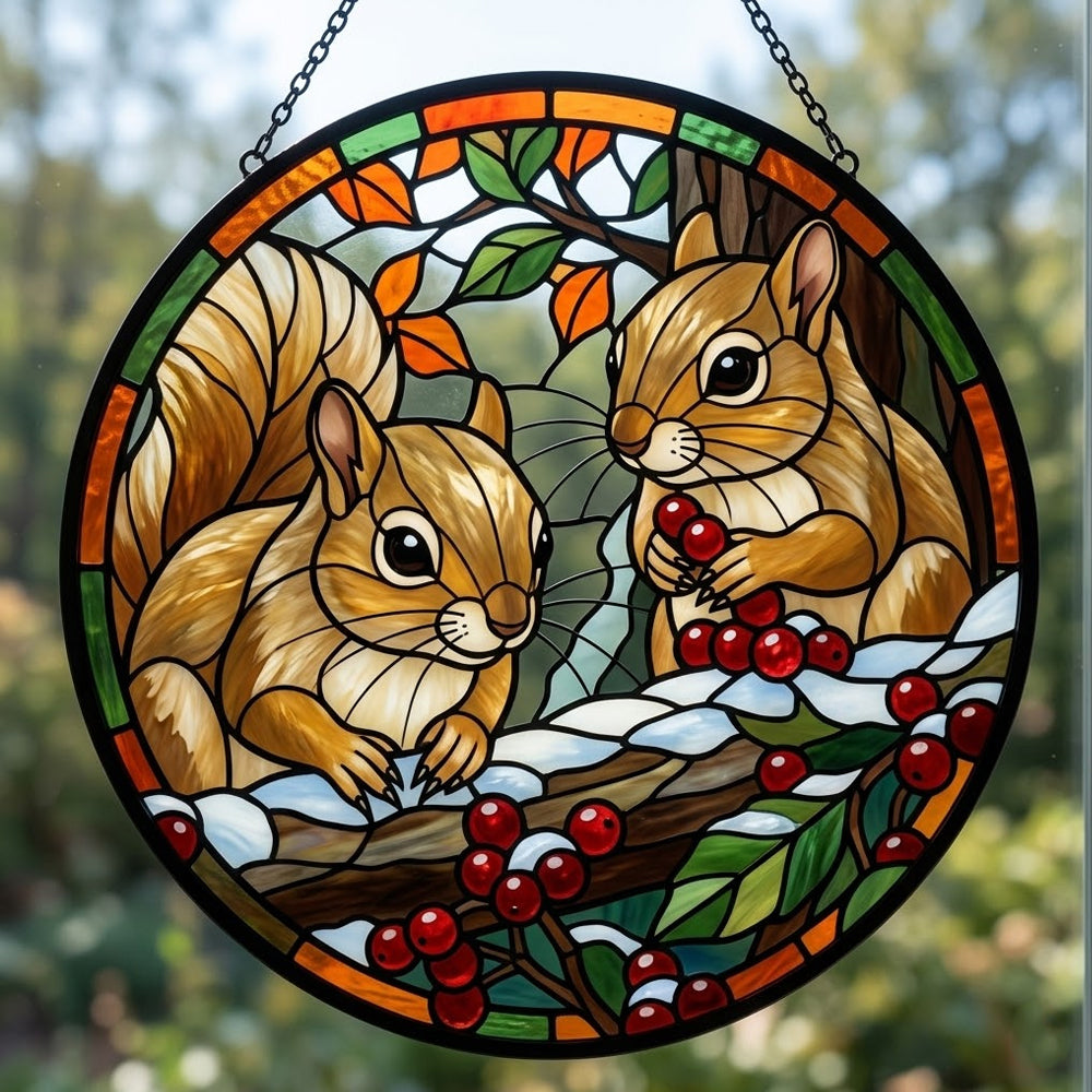 Winter berries squirrels stained glass suncatcher window hanging, suitable for home and garden decoration