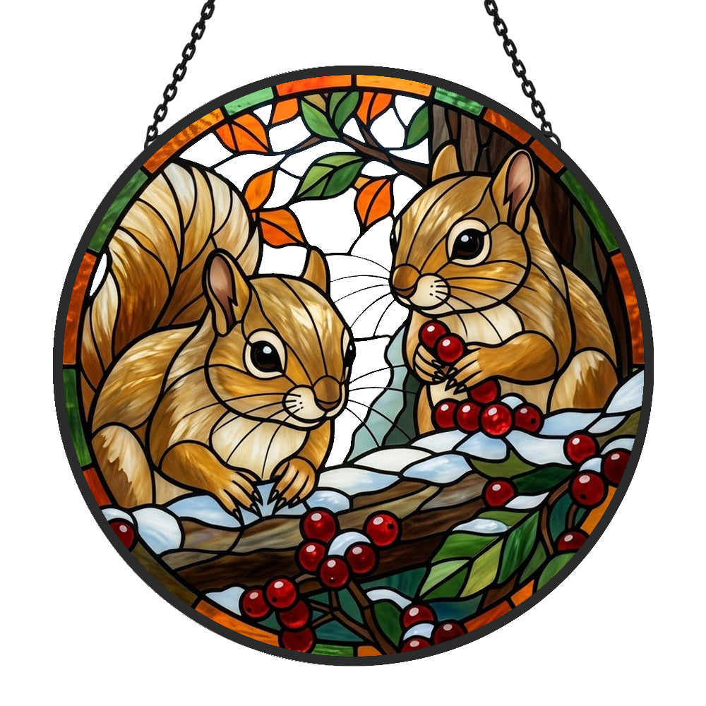 Winter berries squirrels stained glass suncatcher window hanging, suitable for home and garden decoration