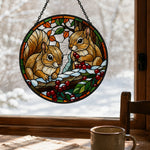 Winter berries squirrels stained glass suncatcher window hanging, suitable for home and garden decoration