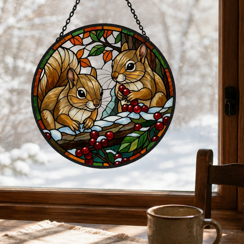 Winter berries squirrels stained glass suncatcher window hanging, suitable for home and garden decoration