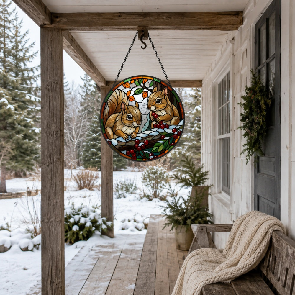 Winter berries squirrels stained glass suncatcher window hanging, suitable for home and garden decoration