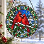 Winter cardinals stained glass suncatcher window hanging, suitable for home and garden decoration