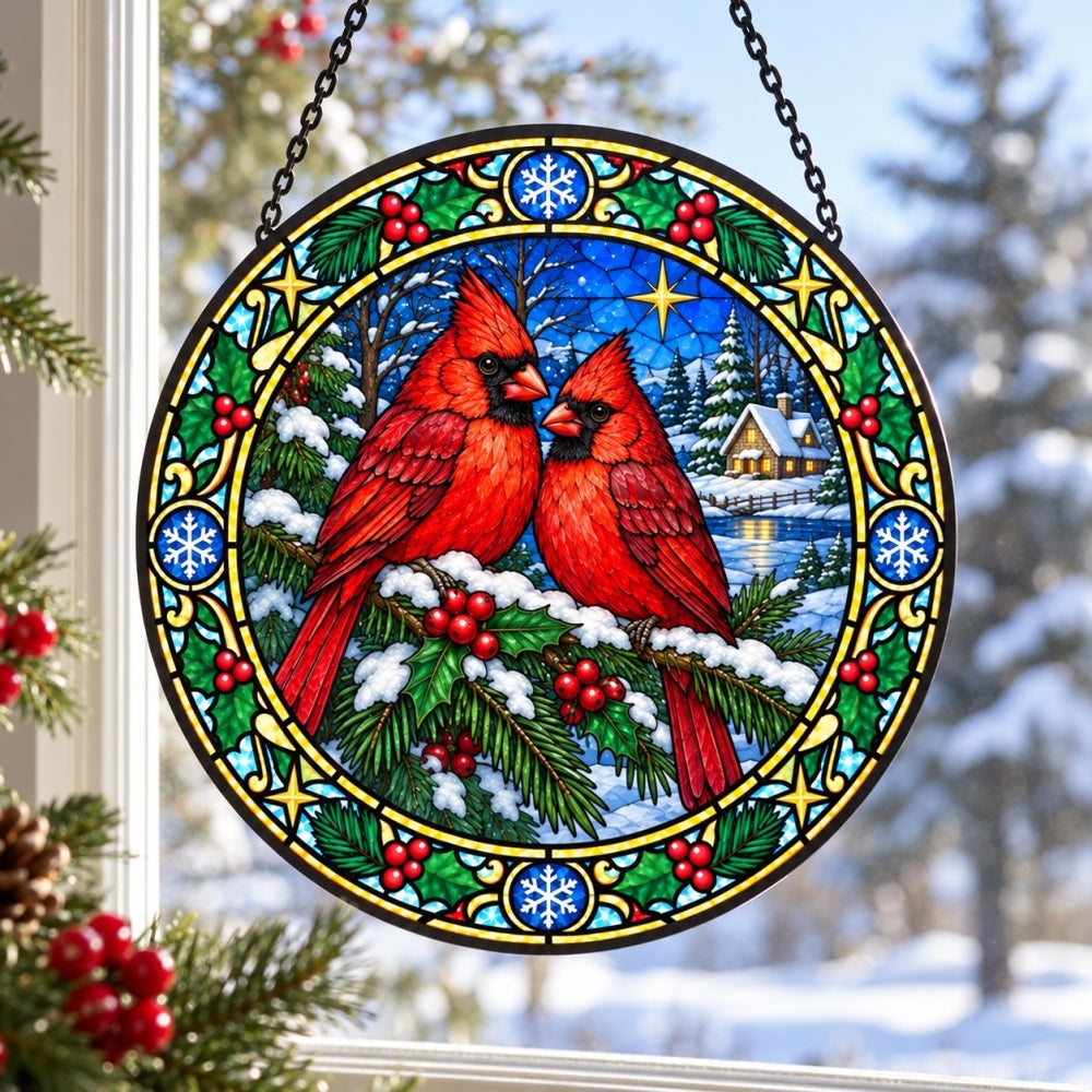 Winter cardinals stained glass suncatcher window hanging, suitable for home and garden decoration